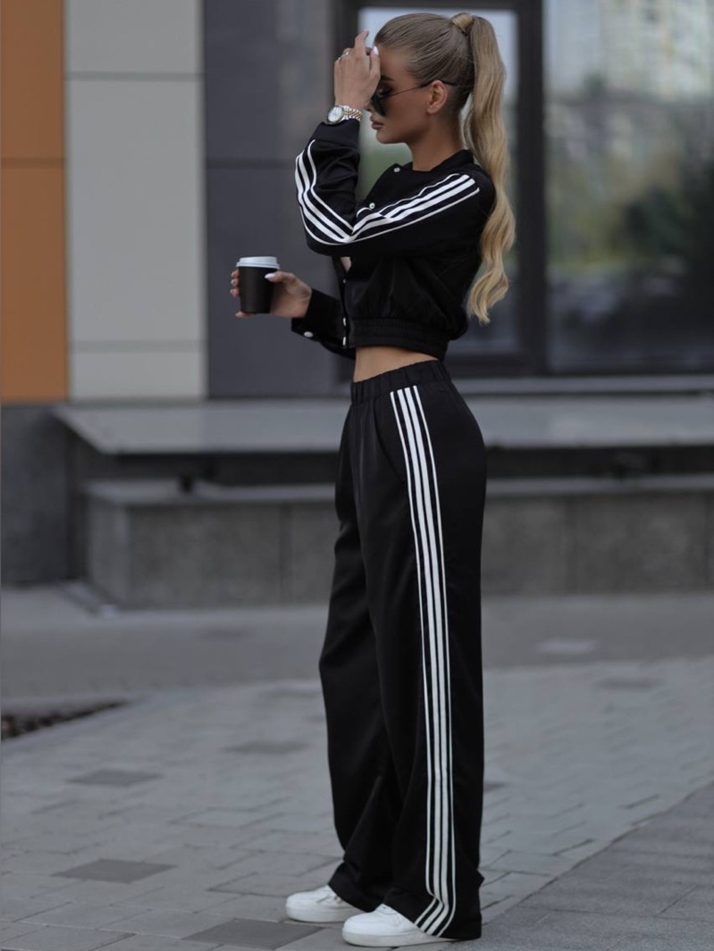 Women's Black Tracksuit with White Stripes, Stylish Two-Piece Set, Size XS, NWOT